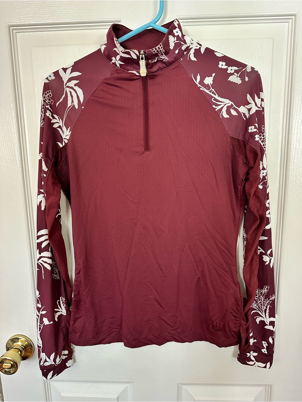 Kastel Women's Sun shirt Burgundy Floral-Accent Quarter-Zip Top size Xsmall